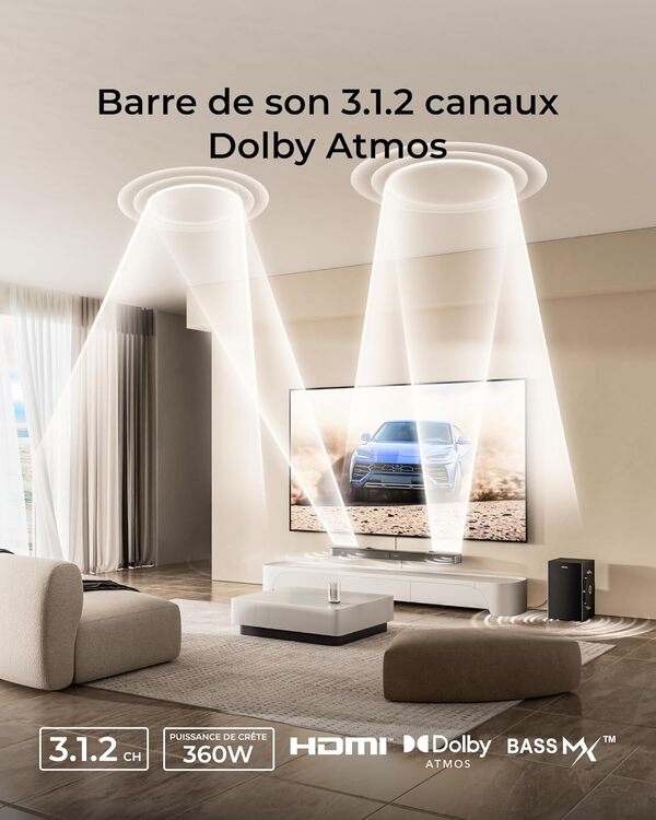 ULTIMEA Barre de Son TV 3.1.2 ch avec Dolby Atmos, Barres de Son pour TV et Home Cinema avec Caisson de Basses 6,5 Pouces, Barre de Son Bluetooth 5.4, HDMI eARC, Skywave F30 Boom