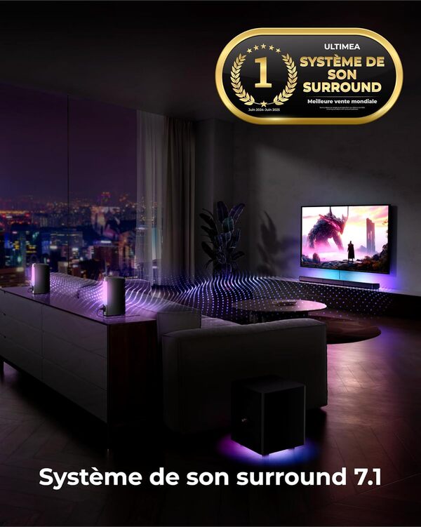 ULTIMEA 7.1ch Virtuelle Barre de Son TV, Barre de Son avec 2 Haut-parleurs Surround, Système de Son Surround pour TV avec RGB, 6.5
