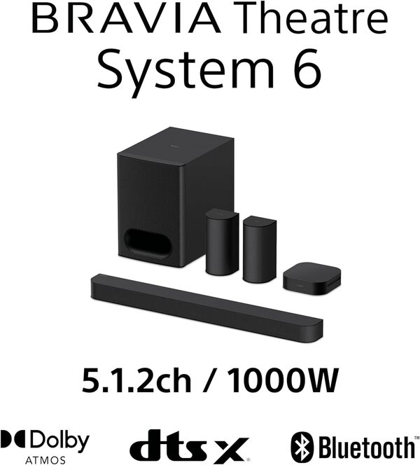 Sony BRAVIA Theatre System 6 – Son Enveloppant 5.1.2ch canaux | 1000 W | Enceintes arrière et Caisson de Basses Inclus | Dolby Atmos | DTS:X | DSEE | Mode Multi Stereo Party | Prise en Main Facile