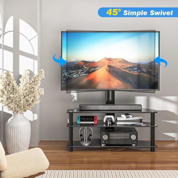 RFIVER Meuble TV avec Support Pivotant Hauteur Réglable pour TVs et Ecrans LCD LED de 32 à 70 Pouces 3 Étagères TW1002