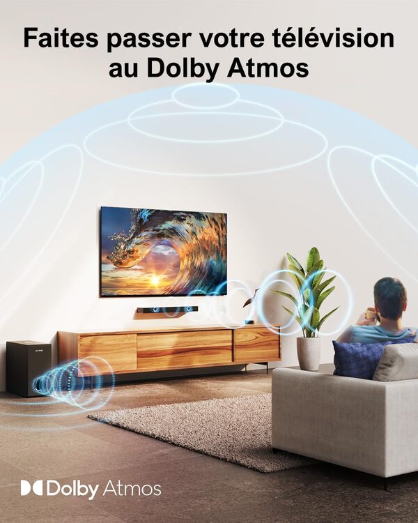 ULTIMEA Dolby Atmos Barre De Son pour TV, BassMX, 3D Surround Système pour Haut-Parleurs, 2.1 Barre Son avec Caisson de Basse pour Home Cinéma, Ultradeluxe, 190W Crête, Nova S50 Série