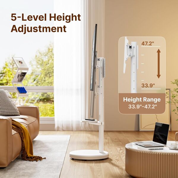 Support TV roulant réglable en hauteur pour TV de 37 à 86 pouces jusqu'à 50 kg, portrait à paysage, chariot TV mobile robuste avec étagère VESA max 600 x 400 mm (blanc)