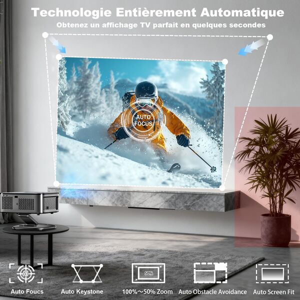【1500 ANSI/Google TV/Auto Focus】 XIWBSY Videoprojecteur 4K Supporté, 38000 Lumen FHD, 360° Rotation, Projecteur Video 4K Contrôle Vocal, Retroprojecteur WiFi6 Bluetooth 5.3