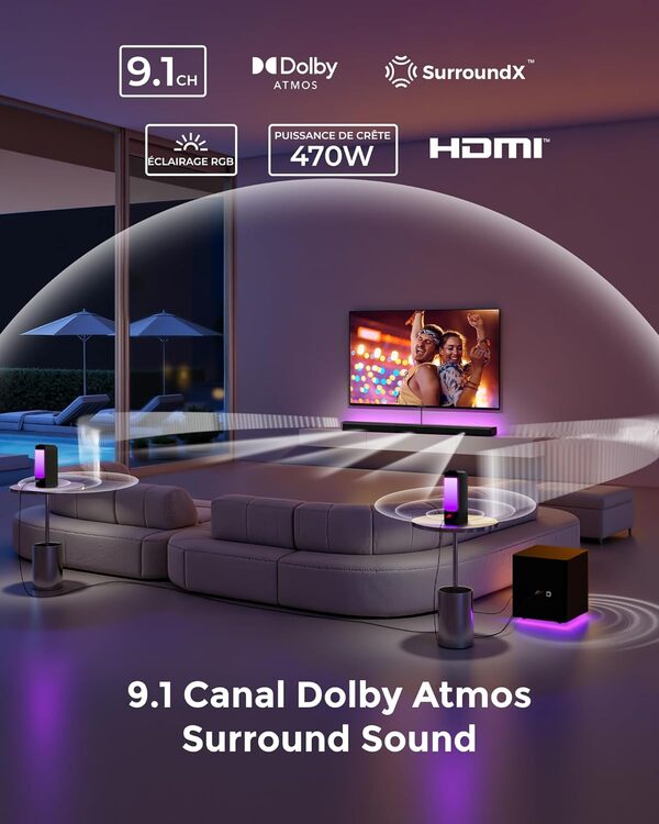 ULTIMEA Barre de Son TV 9.1 canaux avec 2 Enceintes arrière, système détachable, Caisson de Basses 6,5″, Barre de Son RGB, 470W en Puissance de crête, HDMI/Opt/AUX/BT, Apollo S90