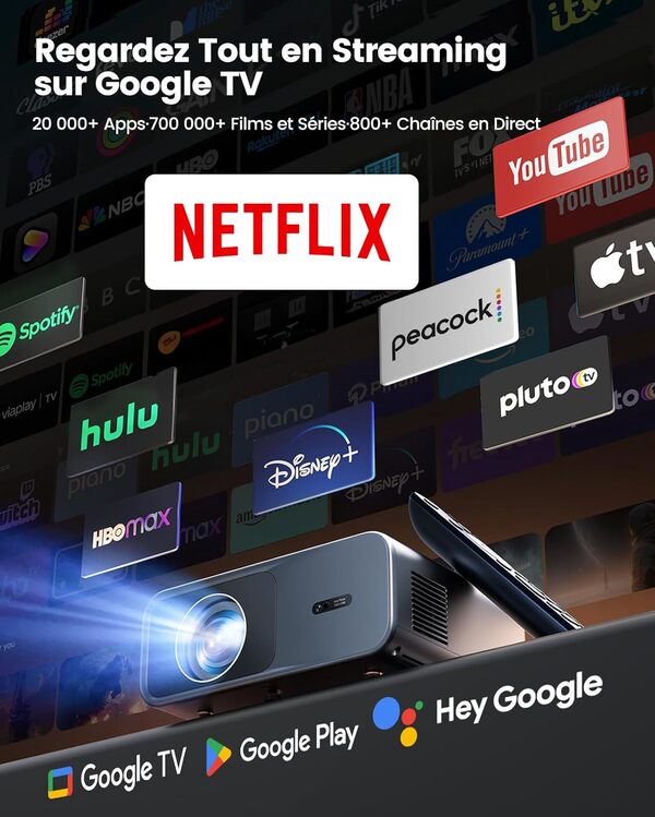 Vidéoprojecteur 4K【Google TV/Dolby】 36000 Lumens Netflix/Disney+ Projecteur 4K Portable Auto Focus/Keystone, Contrôle Vocal, HDR10, Projecteur WiFi6 Bluetooth FHD 1080P Rétroprojecteur Home Cinéma