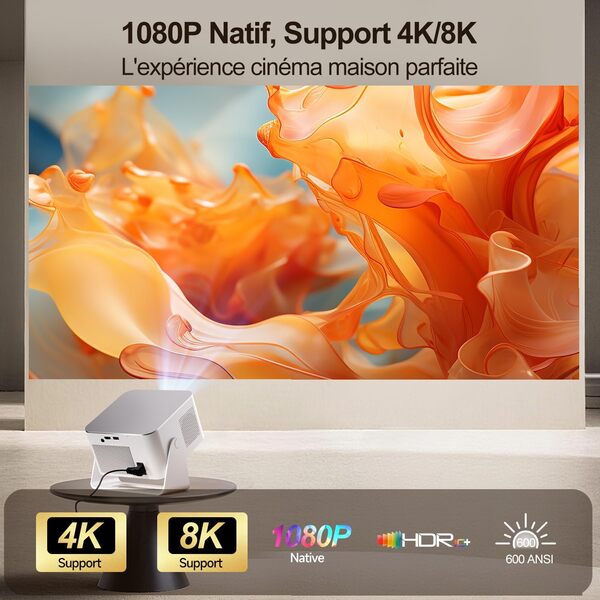 [App intégrée] Mini Vidéoprojecteur 4K & 8K Supporte, 1080P Projecteur Video avec Android 14, Portable Projecteur WiFi 6, BT 5.4, 600ANSI, Mise au Point Correction Trapézoïdale Automatique HY350MAX