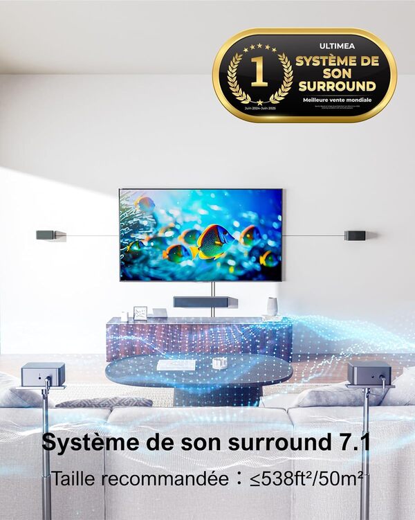 ULTIMEA Barre de Son 7.1, Système de Son Surround Virtuel pour TV, Contrôle par App, 4 Enceintes Surround Filaires, Barre de Son TV avec Caisson de Basses sans Fil, Home Cinema 7.1, Poseidon D70