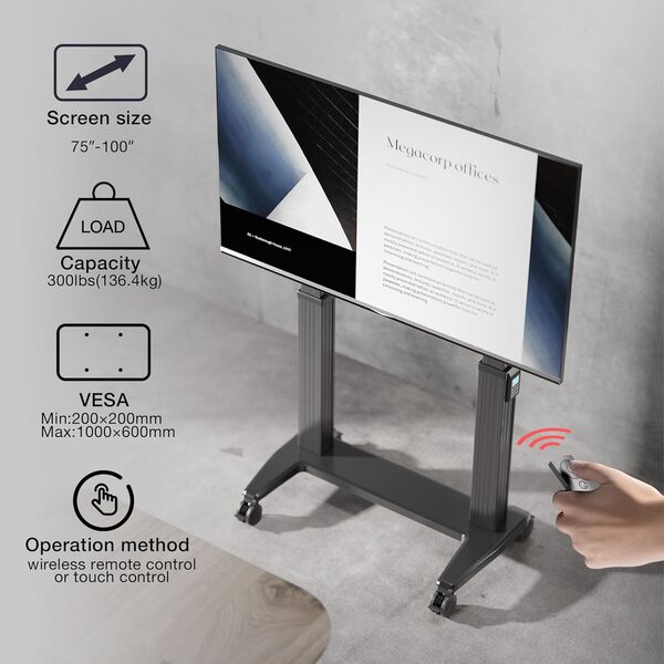 NB ERGONOMIC Support TV Mobile pour Téléviseurs Max 100 Pouces Téléviseurs, Charge Maximale 136 kg, TV Cart Support TV sur roulettes Réglage en Hauteur, VESA 200 x 200-1000 x 600 mm GF100