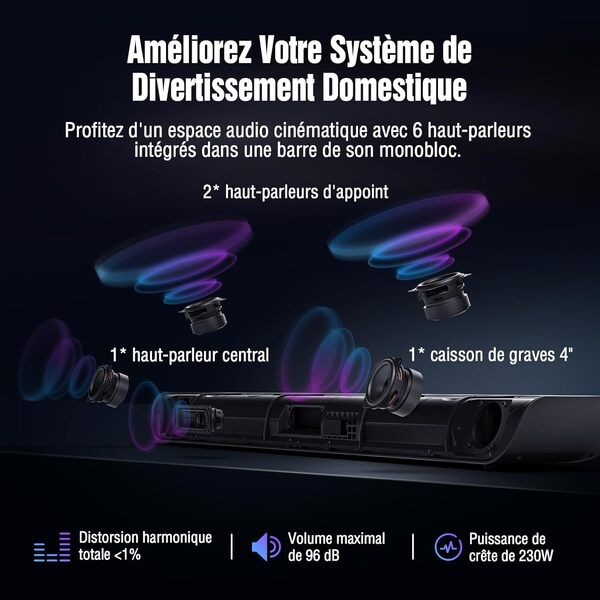 OXS S5 Barre de Son 3.1.2 ch avec Dolby Atmos, Caisson de Grave Intégré, Basses Flexibles, Amélioration du Dialogue, Connectivité Bluetooth 5.0 et HDMI eARC, 5 Modes EQ, 4K HDR Passthrough