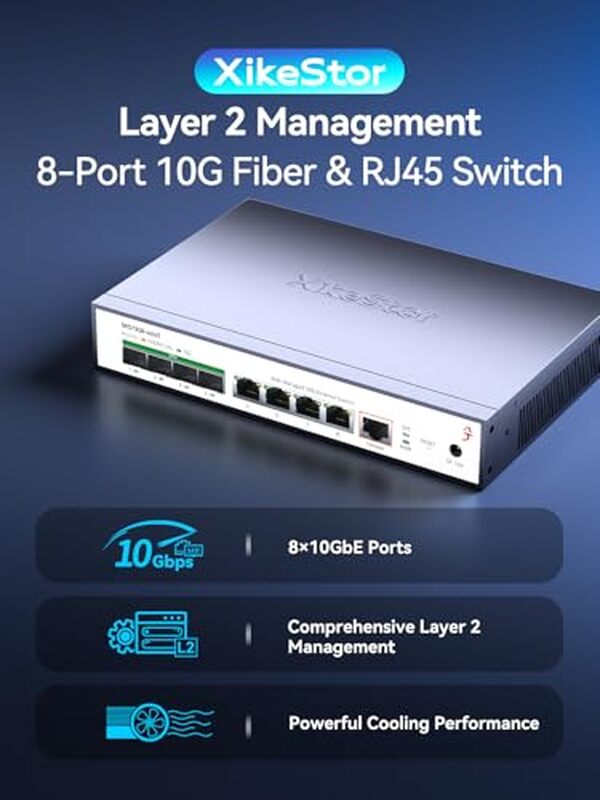 Découvrez le switch 10G XikeStor 8-Port : performance optimale et polyvalence adaptative. Idéal pour les réseaux exigeants, ce switch assure une connectivité rapide et fiable.