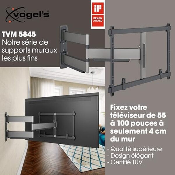 Découvrez le support mural Vogel's Elite 5845, une solution ultra-mince et pivotante pour optimiser l'espace et embellir votre intérieur avec des téléviseurs de 55 à 100 pouces.
