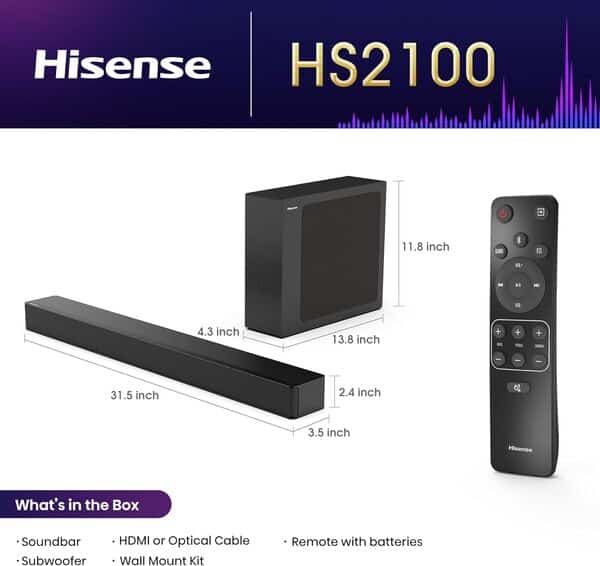 Découvrez la performance sonore de la barre de son Hisense HS2100 et son caisson de basses sans fil : idéal pour une immersion totale dans vos films et musiques